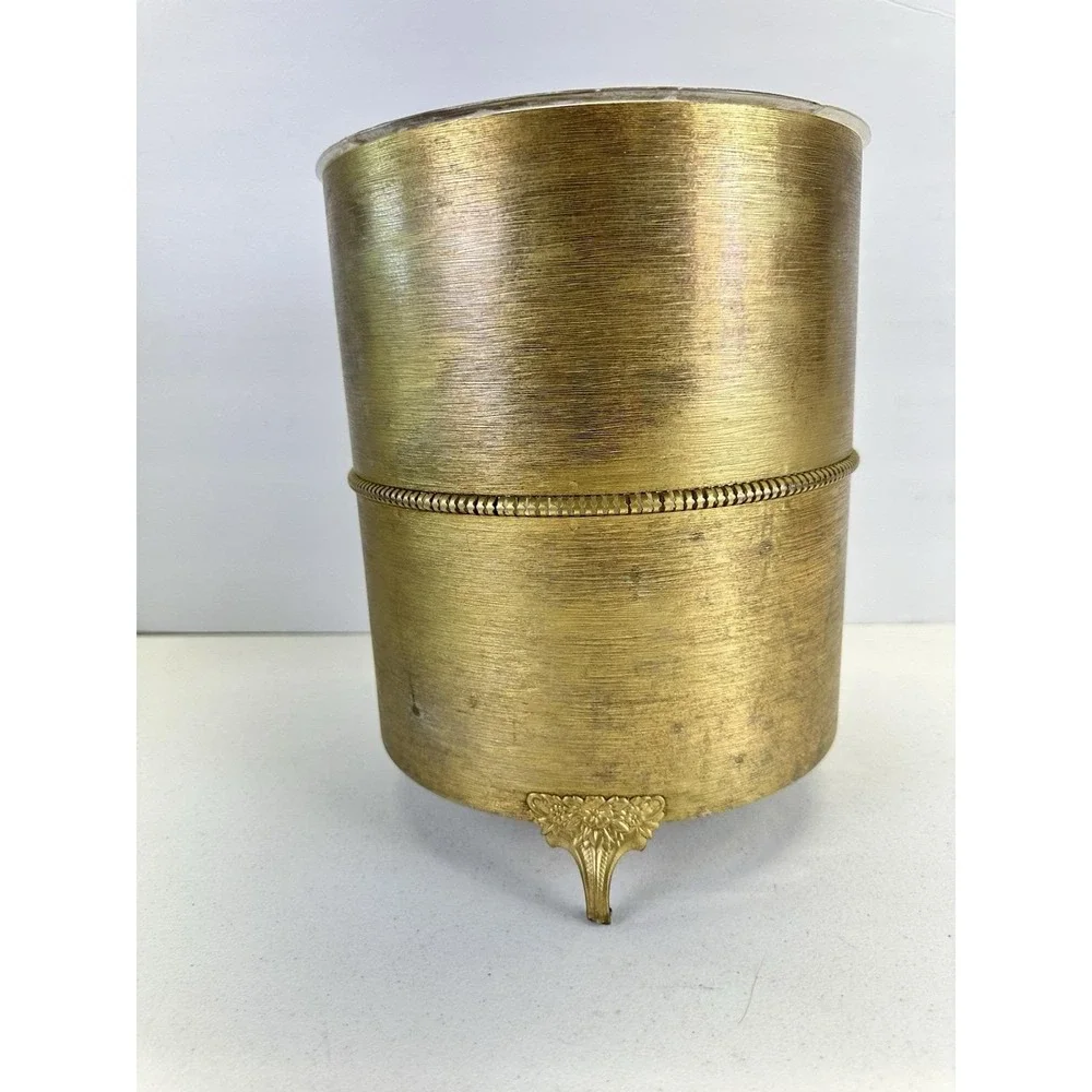 Vintage Hollywood Regency Gold Tone Metal Wastebasket W/ Acrylic Liner Footed